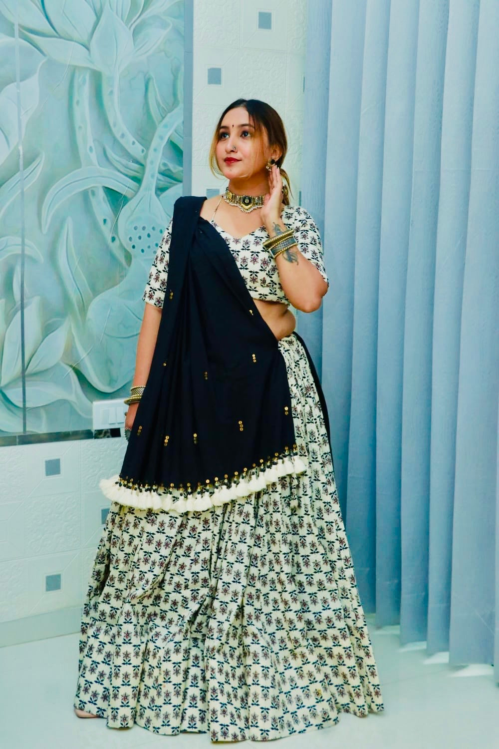 Rasā (रसा) - Ivory Ghagra Choli Navratri