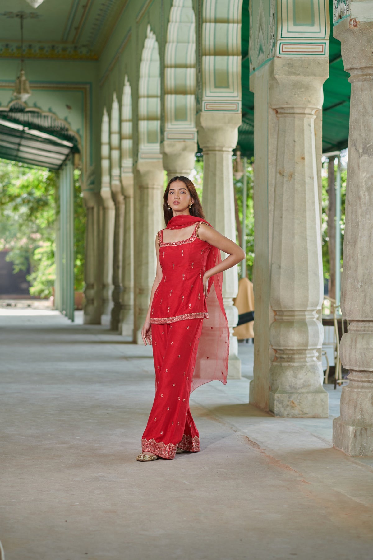 Sohini (सोहिनी) - Red Embroidered Kurta with Pants Set